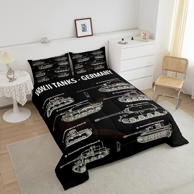 Tank Comforter Set Queen, War Theme Bedding Set, Soldier Dirt Bike Camouflage Army Acting Down Comforter For Kid Boy Teen Men,Camo Vintage Style Quilt Set, Military Vehicle Duvet Set Room Decor