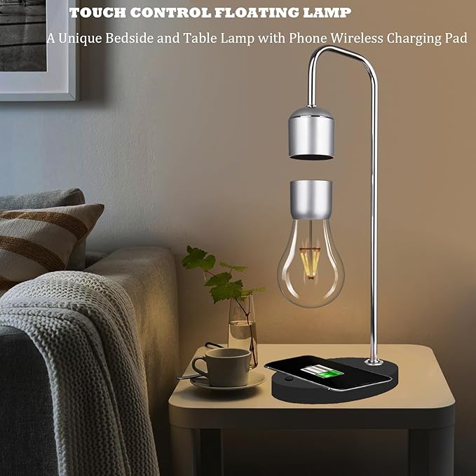 Magnetic Levitating Lamp with Wireless Phone Charger for iPhone Pro Max Floating Light Bulb LED Night Light Table Lamp Levitation Desk Lamp for Christmas Gift Bedroom Office Decoration