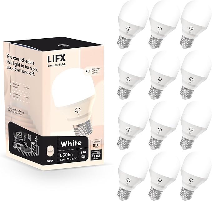 LIFX White A19 WiFi Smart LED Light Bulb, Dimmable, No Hub Required, Works with Alexa and Apple Home Kit, Hey Google, 2700k Warm White, 650 Lumens, 25,000-hour Lifetime, L3A19LW06E26US/12, 12 Pack