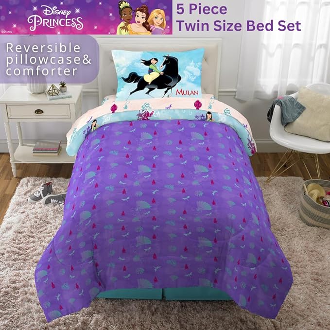 Franco Disney Princess Mulan Kids Bedding Super Soft Microfiber Comforter and Sheet Set, 4 Piece Twin Size, (Official Licensed Product)