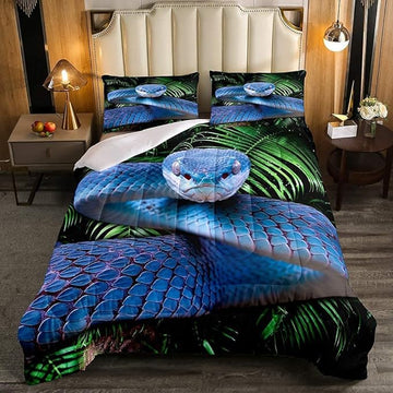 Erosebridal Snake Comforter Set King, Blue Snake Duvet Set, 3D Reptile Bedding Comforters, Blue Scales Quilt Set, Palm Leaf Wild Animal Stylish Quilted Duvet for Kids Boys Teens Man Bedroom Decor