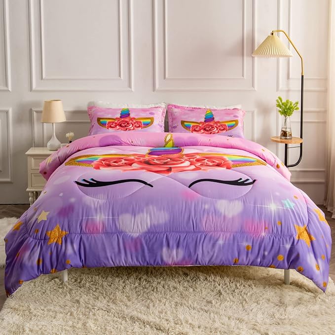 Unicorn Twin Bedding Sets for Girls Kids Comforter Set Twin Size with 2 Pillowcases Purple Unicorn Room Decor for Girls Bedroom Ultra Soft Machine Washable Toddler Bed Set