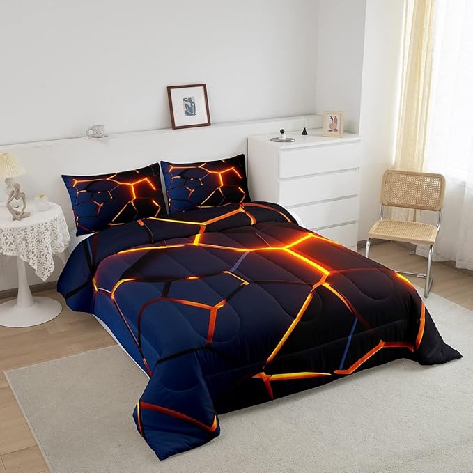 Honeycomb Print Bedding Set Red Black Fire Hexagonal Pattern Comforter Set for Kids Boys Girls Teens Beehive Geometrical Comforter Breathable Simplistic Duvet Set Room Decor Quilt Set Full Size
