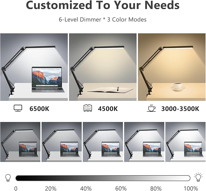 ODOM Swing Arm Led Desk Lamp with Clamp, 3 Color Modes 6 Brightness & Stepless Dimming Eye-Caring, 360 Degree Flexible Desk Lamps for Home Office, with 12V AC/DC Adapter