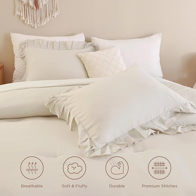 Andency Beige Comforter Set King, 3 Pieces Farmhouse Shabby Chic Ruffle Comforter, Lightweight Fluffy Soft Microfiber All Season Solid Bed Comforter Set (1 Ruffle Comforter & 2 Pillowcases)