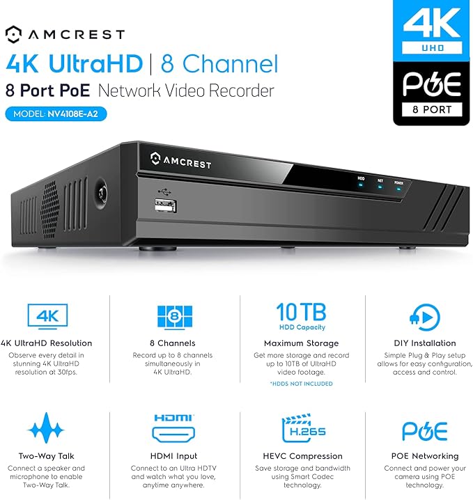 Amcrest 4K POE Security Camera System with 4K 8Ch PoE NVR (4) x 4K (8 Megapixel) Turret IP POE Cameras (3840x2160) Pre Installed 2TB Hard Drive NV4108E-IP8M-T2599EW4-2TB