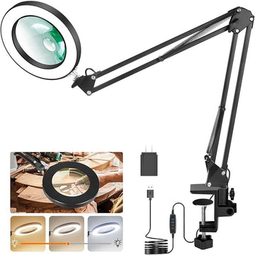 Magnifying Glass with Light Toolour 5X&10X Magnifying Glass Light with 26in Long Arm, 3 Colors Dimming Magnifying Desk Lamp, Lighted Magnifier Glass for Jewelry Close Work Reading Hobby Craft