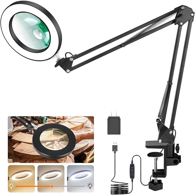 Magnifying Glass with Light Toolour 5X&10X Magnifying Glass Light with 26in Long Arm, 3 Colors Dimming Magnifying Desk Lamp, Lighted Magnifier Glass for Jewelry Close Work Reading Hobby Craft