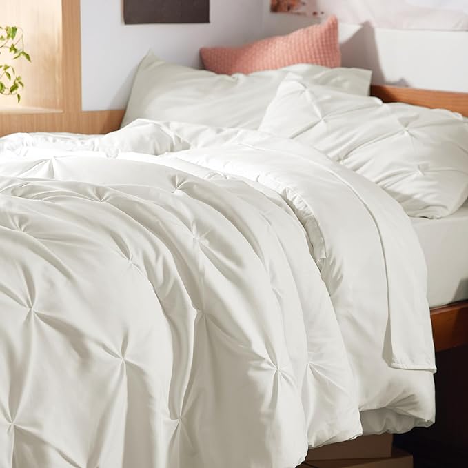 Bedsure Twin XL Comforter Set - Extra Long 5 Pieces Dorm Bedding Sets, Pinch Pleat Ivory Bed in a Bag with Comforter, Sheets, Pillowcase & Sham