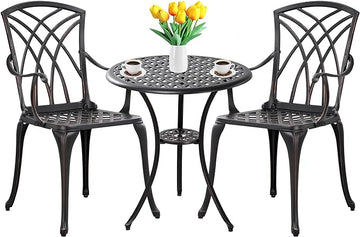 3 Piece Patio Bistro Set Outdoor Bistro Table Set Anti Rust Bistro Table and Chairs w/Umbrella Hole, Durable Patio Set for Porch, Balcony