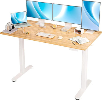 Bamboo Electric Standing Desk, 55x24 Inches Adjustable Height Stand up Desk with Whole Piece Desktop, Sit Stand Home Office Desk White Frame/Bamboo Top