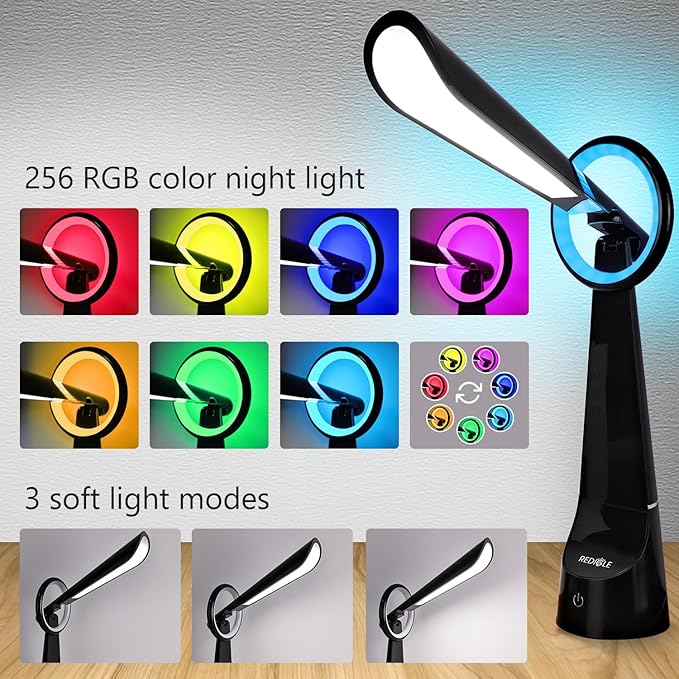 Upgraded LED Desk Lamp Also A Night Light with 7 Colours Change, Eye-Caring Table Lamp with USB Charging Port Suitable for Table Bedroom Bedside Office Study,8W (Black)