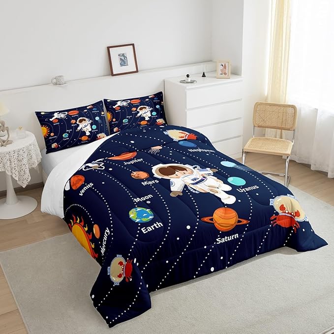 Feelyou Solar System Comforter Set King Size Outer Space Comforter for Kids Teens Adults Universe Planets Bedding Set Cute Astronaut Blue Duvet Set Room Decor 3Pcs with 2 Pillow Case
