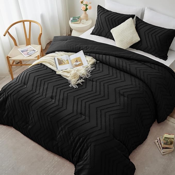 CozyLux Twin/Twin XL Size Comforter Set Black - 2 Pieces Black Boho Tufted Shabby Chic Bedding Comforter Set for All Seasons, Chevron Bedding Sets with Comforter & 1 Pillow Shams