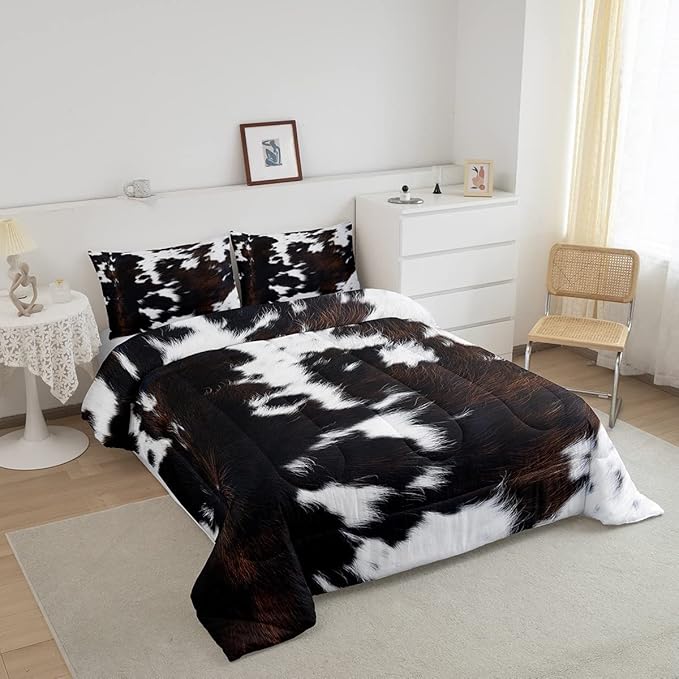 Brown Cowhide Comforter Set King,Black White Aztec Cow Print Bedding Set Western Farmhouse Animal Fur Down Comforter for Kids Boys Girls,Rustic Cowboy Quilt Duvet Set 2 Pillow Cases Bedroom Decor