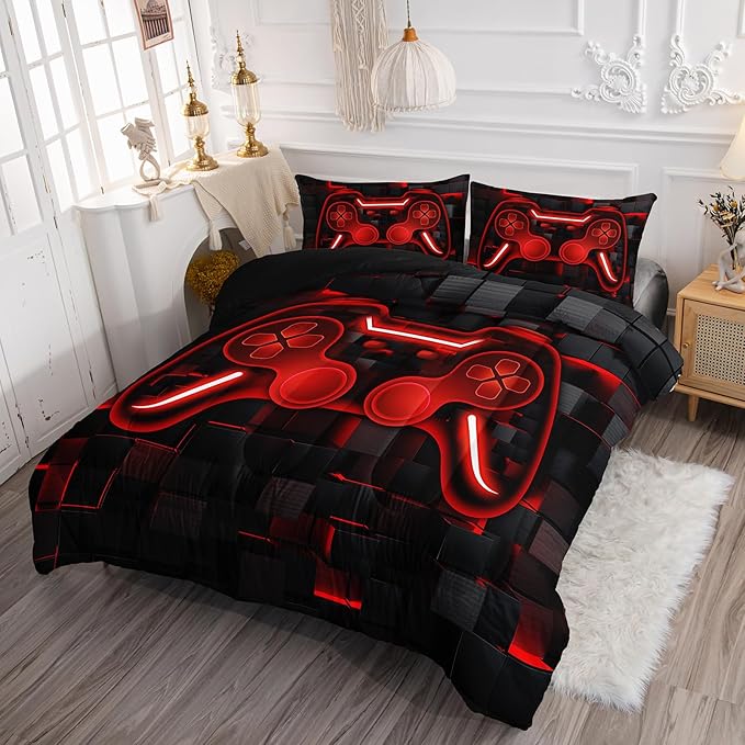 Axolotl Gamepad Comforter Set Queen Size,Red Grid Print Bedding Set,Boys Gaming Console Comforter Set,Video Gaming controller Bedding Set for Teens Men Adults,1 Quilt 2 Pillowcases,Red Black