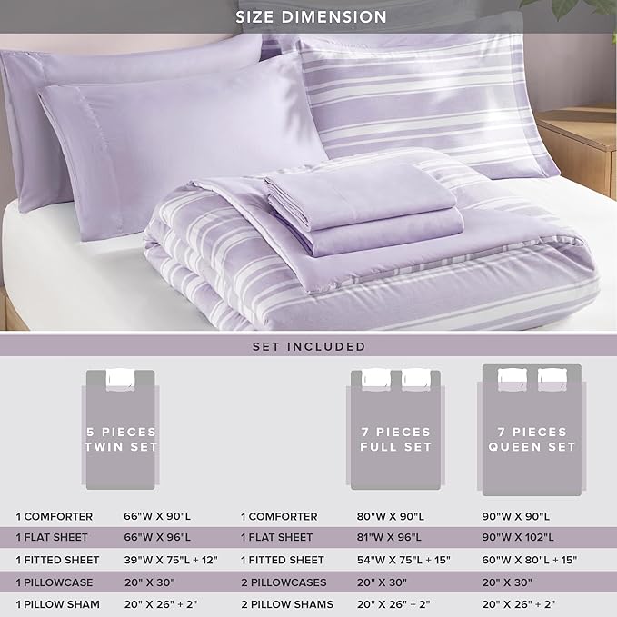 Codi Bed in a Bag Twin Size Complete Set, Lavender Purple Striped Single Comforter Set 5 Piece for Teen, Modern Neutral Cationic Dyeing Bed Sets with Comforter, Sheets, Pillowcases & Shams