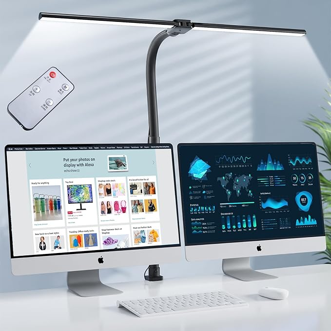 LED Desk Lamp, 24W Double Head Desk Lamp with Clamp, Modern Eye Caring Architect lamp with 5 Color Modes and 5 Dimmable, for Workbench, Monitor, Reading, Home Office