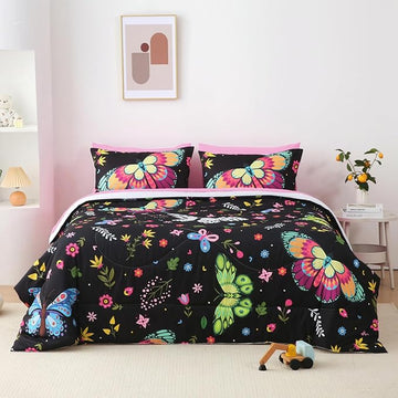 Kids Butterfly Comforter Set Full Size for Girls Colorful Flowers Leaves Bedding Set for Teens Black 7 Piece Bed in A Bag Super Soft All Season