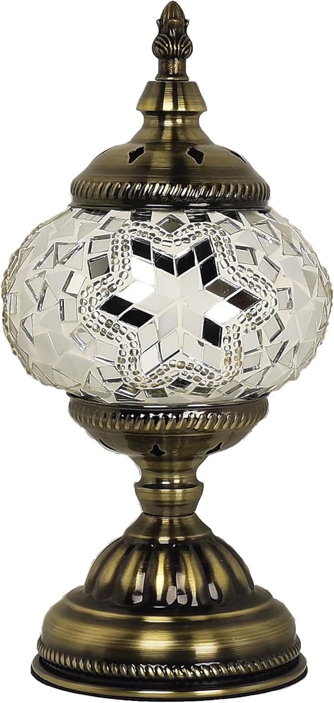 Turkish Mosaic Lamp Bohemian Tiffany Style Stained Glass Bedside Lamp for Bedroom (White)
