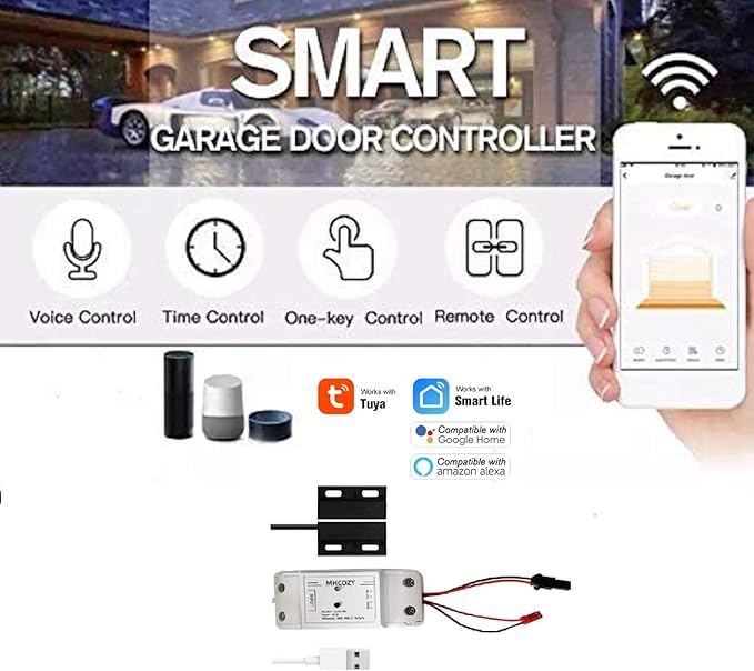 5V WiFi Smar Garage Door Opener Remote Controller,Monitor Garage Open Close Status by Phone Tuya app Anywhere,Compatible with Alexa Google Home