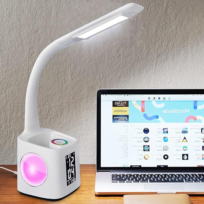 Study LED Desk Lamp with USB Charging Port, Kids Dimmable LED Table Lamp with Clock and Pen Holder, Home Office, College Student Dormitory, Reading Eye Protection Desk Lamp, Color Night Light,10W