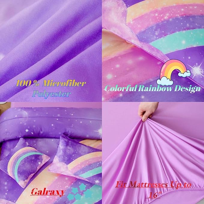 Purple Rainbow Girls Full Size Comforter Set, 6 Pieces Gradient Glitter Kids Bedding Sets, Galaxy Kids Bedroom Decor Bed in A Bag with Sheets for Girls Teens