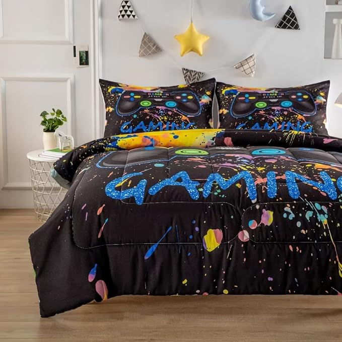 Gamer Comforter Sets for Teen Boys,Gaming Bedding Sets Twin,Video Game Bedspread,Game Gamepad Bed Set,Controller Bedding Gamer Home Decor 3 Piece 1 Comforter and 2 Pillowcases