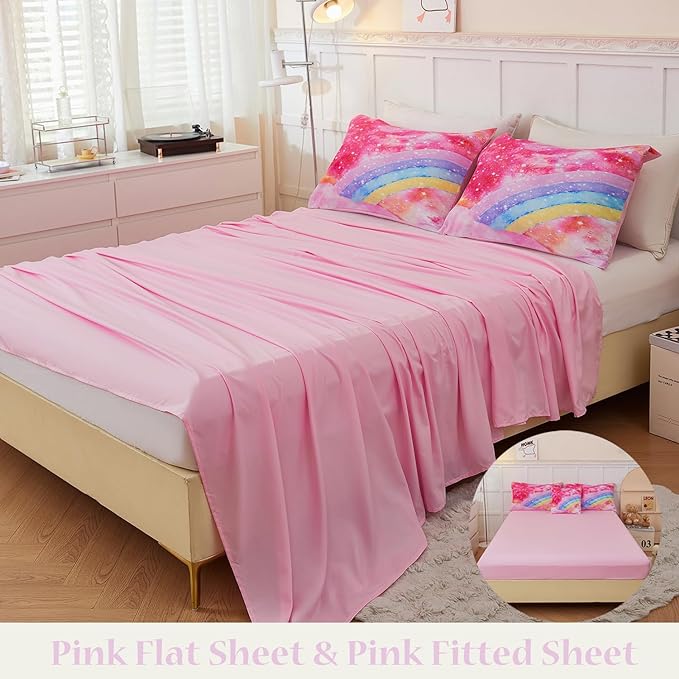 6 Pieces Rainbow Queen Size Bed in A Bag for Girls/Kids/Teens, Colorful Sparkle Tie Dye Girls Comforter Set, Soft Sparkle Glitter Galaxy Bed Sets for All Season