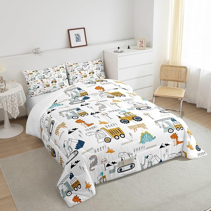 Feelyou Construction Bedding Set Queen Size Equipment Trucks Comforter Set for Kids Boys Girls Decor Dinosaur Comforter 3D Digital Print Yellow Duvet Set Bedroom Quilt Set