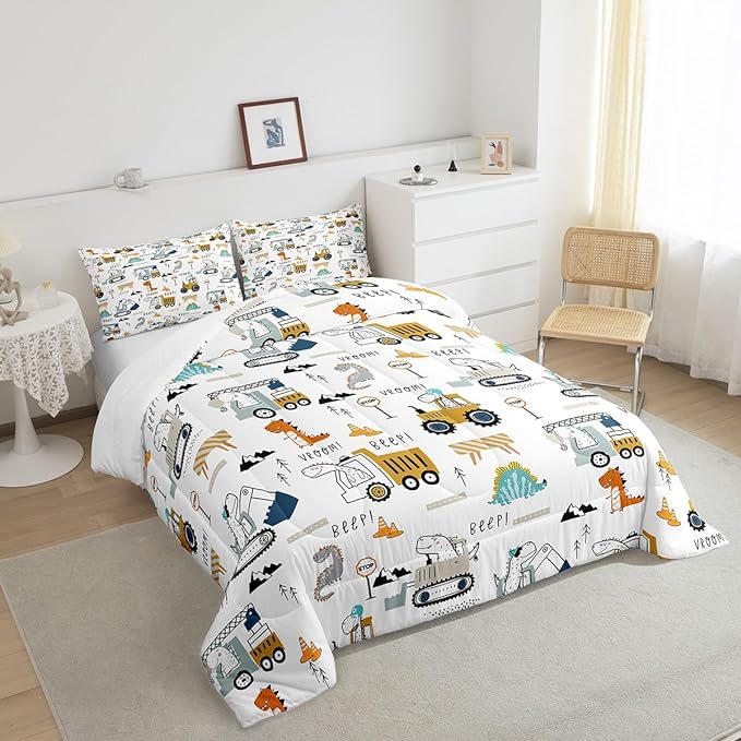 Feelyou Construction Bedding Set King Size Equipment Trucks Comforter Set for Kids Boys Girls Decor Dinosaur Comforter 3D Digital Print Yellow Duvet Set Bedroom Quilt Set