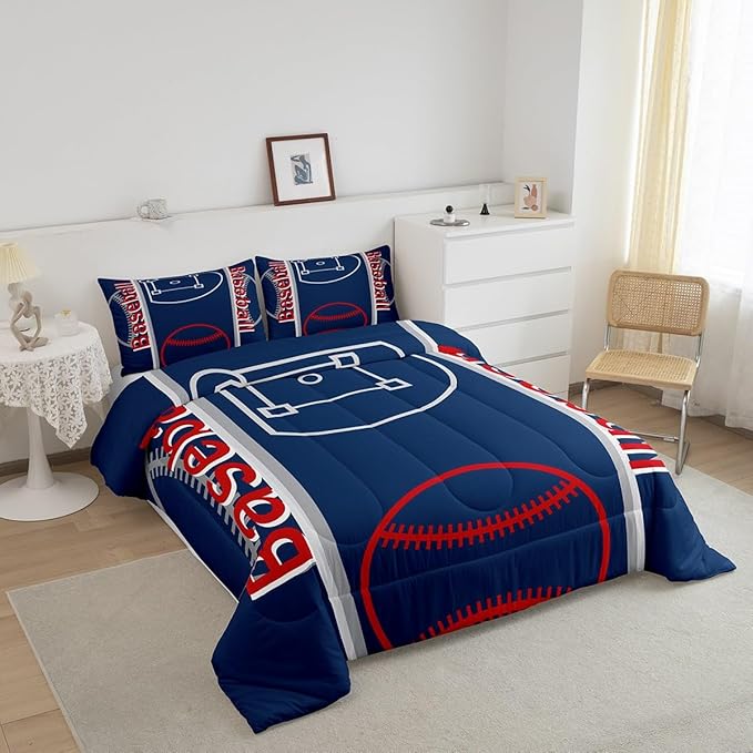 Feelyou Baseball Print Bedding Set Full Size Sports Game Comforter Set for Kids Boys Girls Decor Baseball Gaming Comforter Microfiber Ball Duvet Set Bedroom Quilt Set