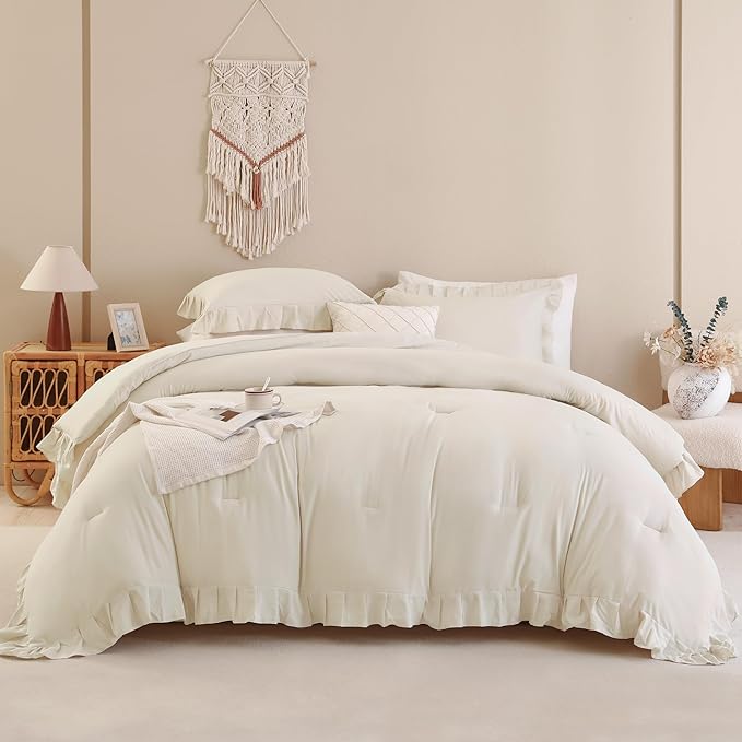 Andency Beige Comforter Set King, 3 Pieces Farmhouse Shabby Chic Ruffle Comforter, Lightweight Fluffy Soft Microfiber All Season Solid Bed Comforter Set (1 Ruffle Comforter & 2 Pillowcases)