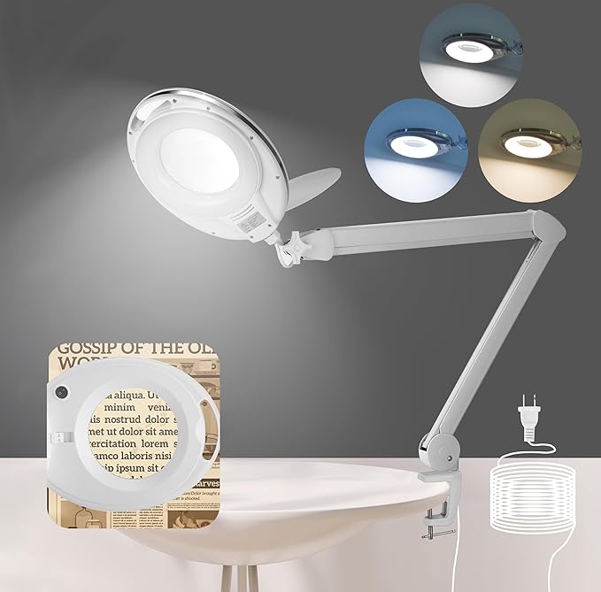 Large 10X Magnifying Glass with Light, 4.75 in Real Glass Stand Lighted Magnifier with Clamp, 2 in 1 Desk Lamp with 36 Color and Brightness Modes, Hands Free for Close Work, Crafts, Hobbies