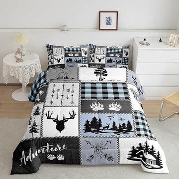 Deer Bear Kids Comforter Set Queen Size,Hunting Adventure Rustic Farmhouse Bedding Set for Boys Girls Adults Room Decor,Geometric Plaid Patchwork Down Comforter,Blue Xmas Duvet Insert,2 Pillowcases