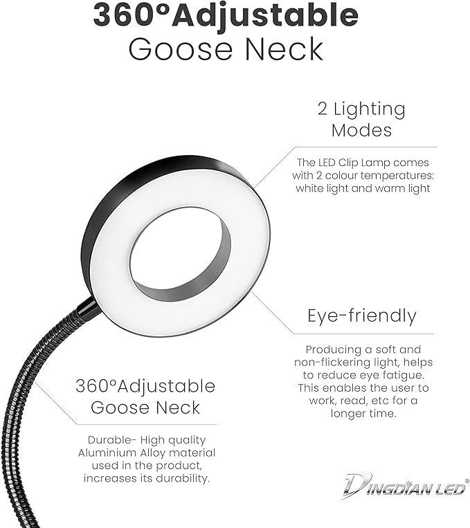 Bi-Colour Light Mode 360 ° Flexible Gooseneck, LED Lighting, Desk Lamp with USB Charging Port, Study Lamp, Clamp Lamp, Office Desk Accessories, Bed Lamp, Clip on Lamp (Silver)