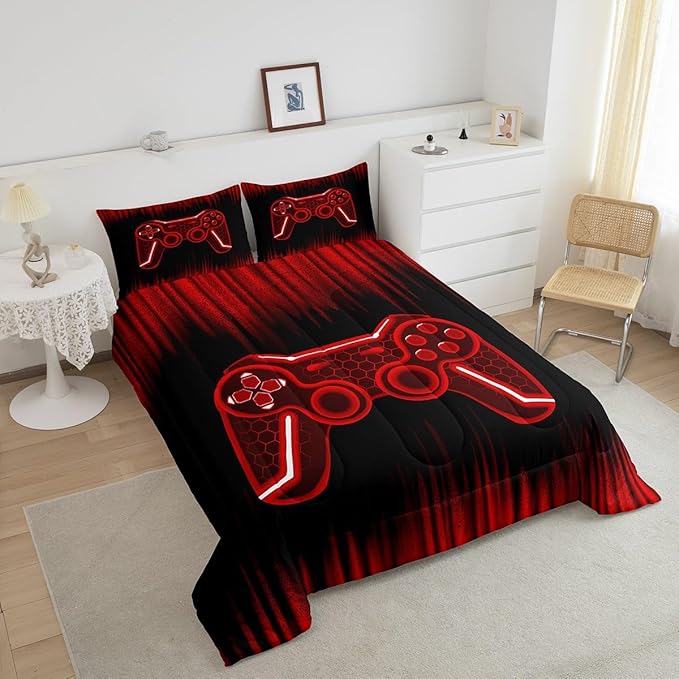 Feelyou Gamer Comforter Set King Size Kids Game Controller Comforter for Boys Teens Red Black Bedding Set Gaming Duvet Set Room Decor Quilt Set