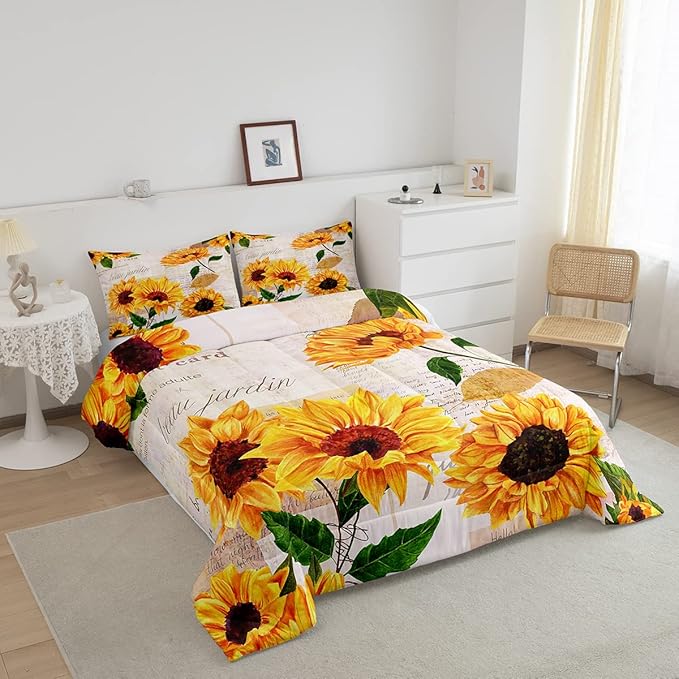 Vintage Sunflowers Comforter Full Size Yellow Floral Bedding Sets Girls Child Youth Tropical Sunflower Print Down Comforter Old Fashioned Quilt Flower Blossoms Bedding Comforter Set Nature Theme