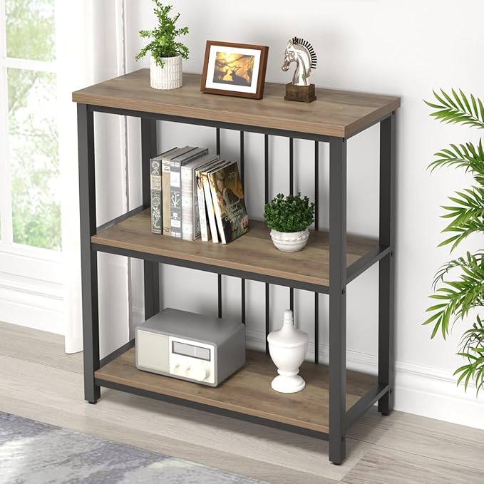 FOLUBAN Small Bookshelf and Bookcase, 3 Tier Open Book Shelf, Modern Metal and Wood Shelving Unit for Living Room Bedroom, Oak