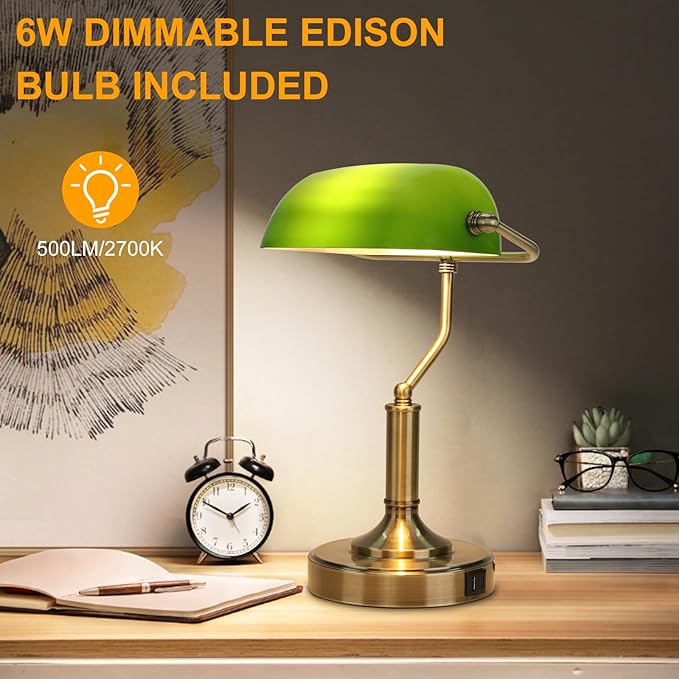 Bankers Lamp, Green Desk Lamp with Touch Control Switch, Retro Lamp with USB and Type C Charging Ports, Vintage Lamp for Home Office, Piano, Library, LED Bulb Included (Vintage)