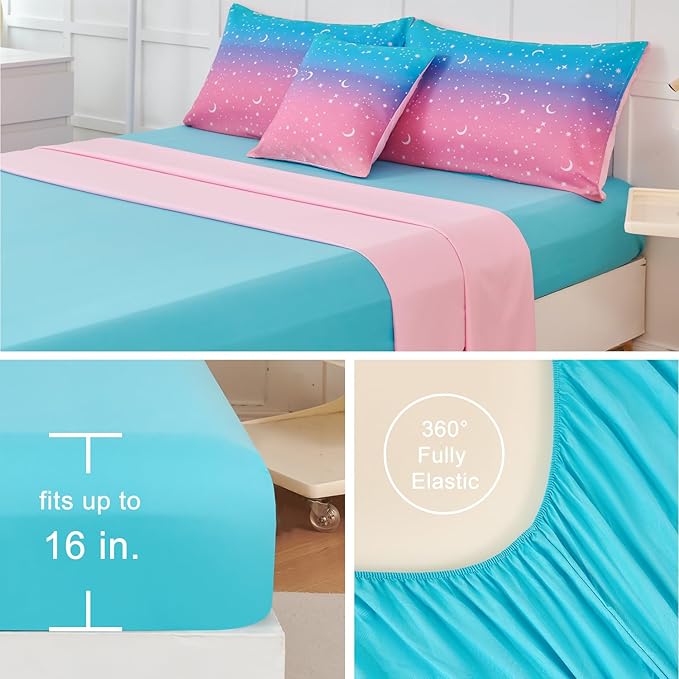 URBONUR 6 Pieces Full Size Comforter Set for Girls Moon Star Printed Bedding Set Gradient Pink Purple Blue, Soft Microfiber All Season Kids Bed Sets (Full Size, 6PCS)