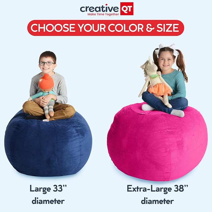 Creative QT Stuff ’n Sit Large 33’’ Bean Bag Storage Cover for Stuffed Animals & Toys – Hot Pink Corduroy – Toddler & Kids’ Rooms Organizer – Beanbag Makes Great Plush Toy Hammock Alternative