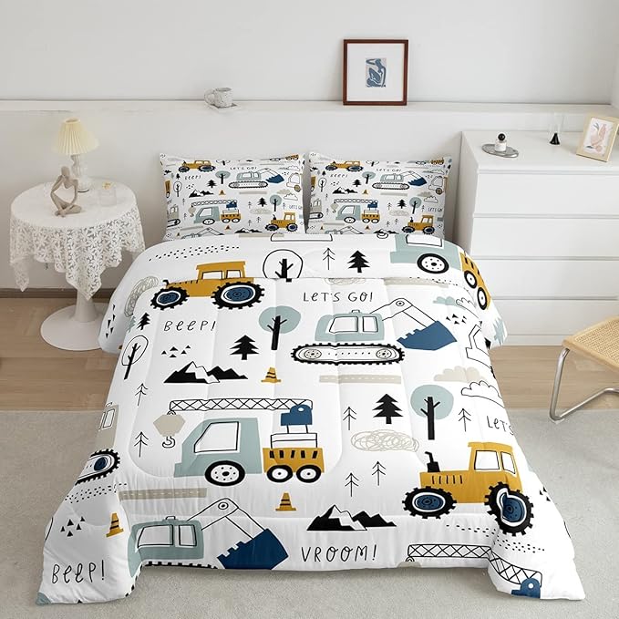 Feelyou Cartoon Car Kids Comforter Set Construction Bedding Set Decor Equipment Trucks Comforter Cartoon Car Excavator Tractor White Yellow Duvet Set Bedroom Quilt Set 3Pcs Queen