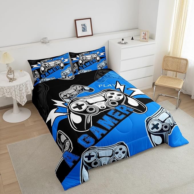 Erosebridal Twin Comforter Set for Boys Girls Kids,Gamer Comforter Sets for Boys Teens Video Game Bedding Set,Gaming Console Comforter Bedroom Decor Blue Black 2Pcs