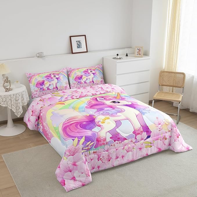 Cartoon Unicorn Kids Comforter Set Twin Size,Sakura Cherry Blossom Japanese Bedding Set,Girls Women Room Decor,Rainbow Unicorn Cute Down Comforter,Pink Purple Romantic Duvet Insert,1 Pillowcase
