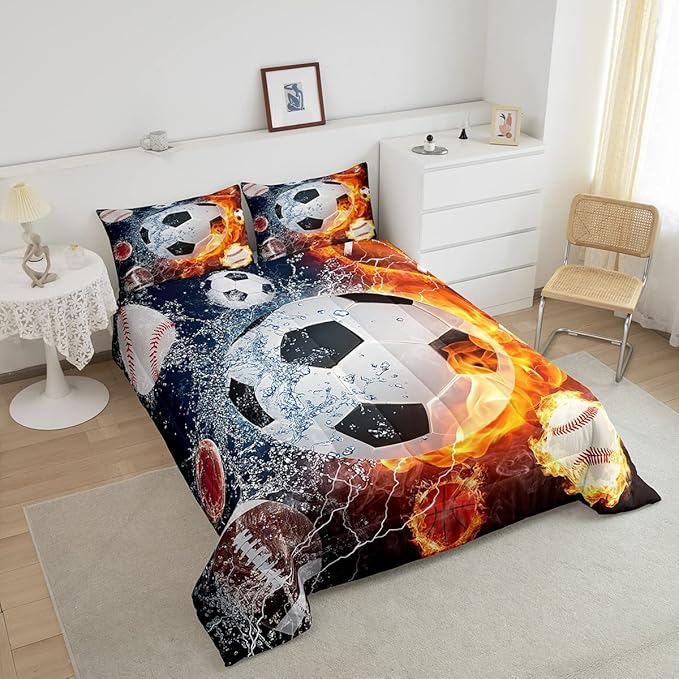 Erosebridal Boys Soccer Bedding Set Football Sports Twin Comforter Set for Kids Teens Youth Bedroom Decor Lightning Baseball Quilt Duvet Water Fire Basketball Comforter with 1 Pillow Case Red Blue