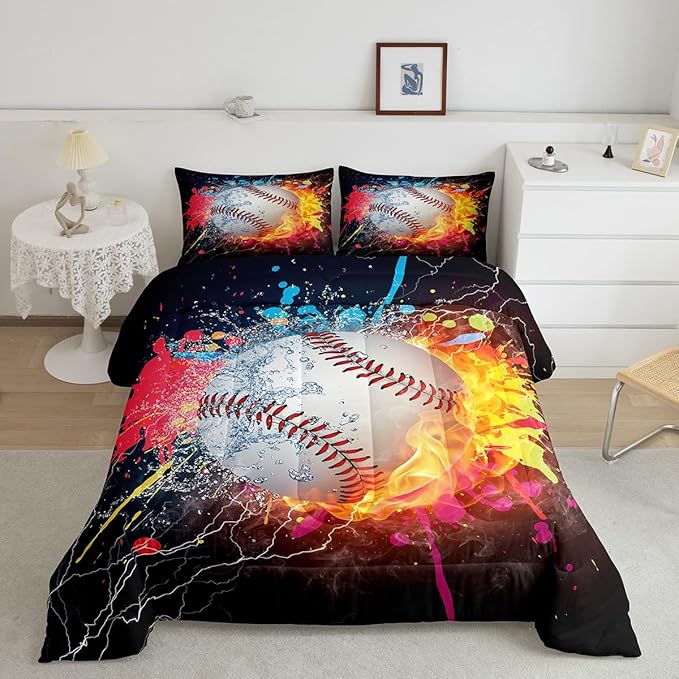 Baseball Twin Comforter Set For Boys,Tie Dye Baseball Sports Bedding Set Red Blue Fire Water Lightning Duvet Insert For All Season,Sports Baseball Quilt Soft Lightweight Bedroom Decor 1 Pillow Case