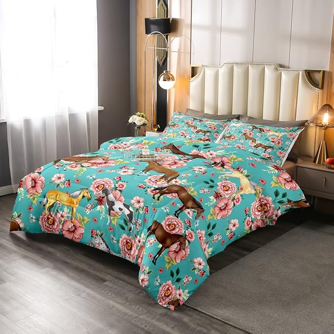 Erosebridal Girls Horse Comforter Set Full Size Pink Flower Bedding Set for Kids Galloping Horse Down Comforter Bedroom Decor Farm Animal Horse Gifts Quilt Set for Women, Cowboy Cowgirls Quilt Set