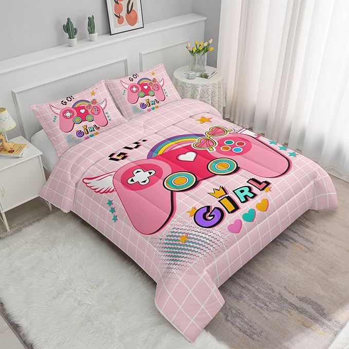 Datura home Bedding Comforter Set Pink Gamepad Printed Pattern Quilt with 1 and 2 Pillowcases for Girls Bedroom All Season(Pink Full) Full 80x90inches