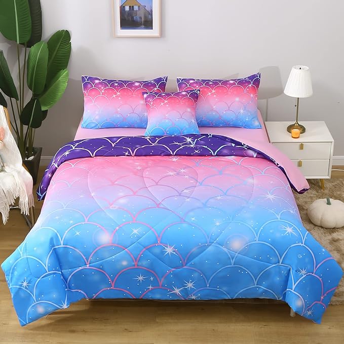 JQinHome Twin Size Mermaid Comforter Set, 6 Piece Bed in A Bag 3D Colorful Bedding Set for Girls kids (1 Comforter,2 Pillowcases,1 Flat Sheet,1 Fitted Sheet,1 Cushion Cover)(Pink Mermaid Scale)
